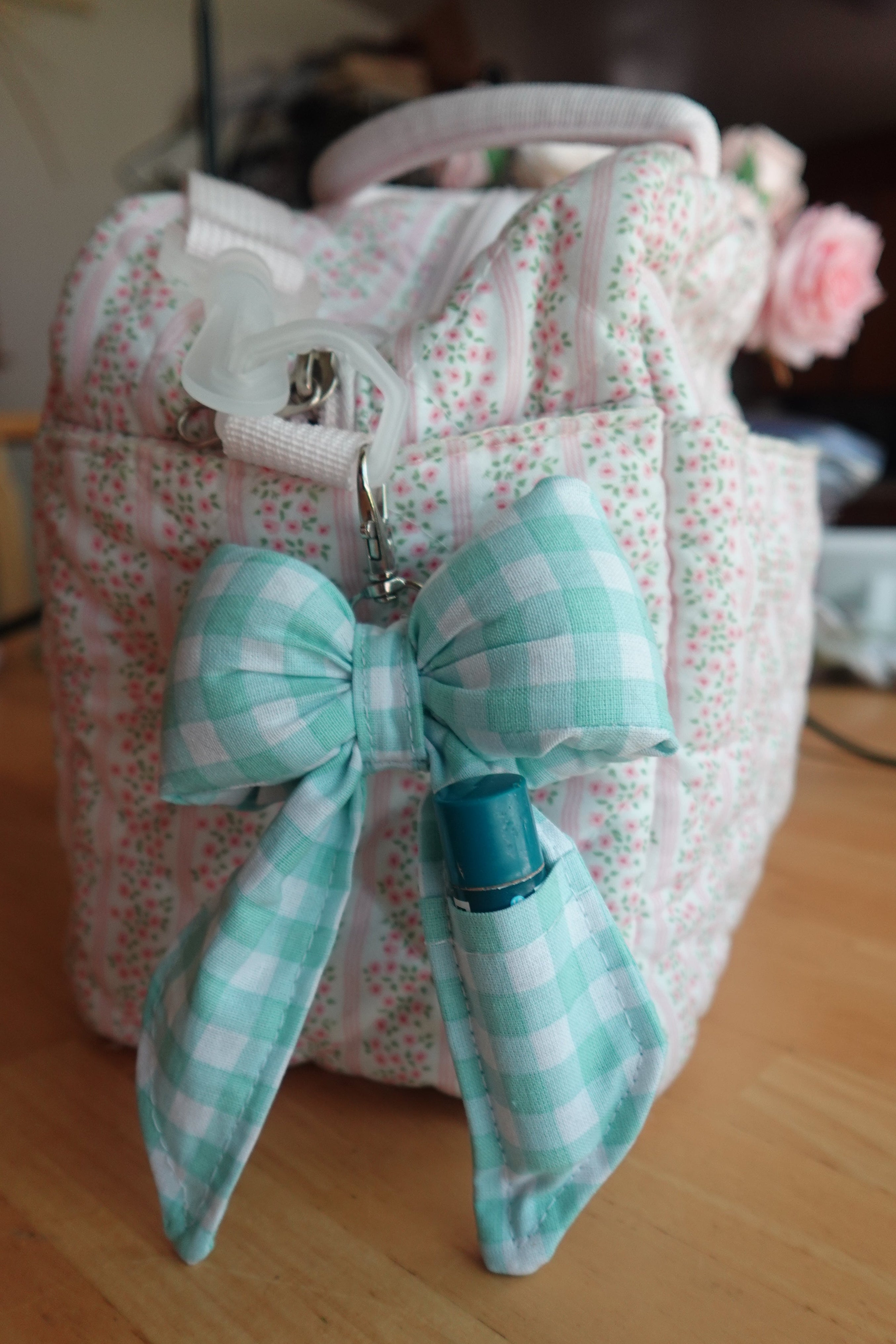 Light Blue Plaid ChapStick Bow Holder